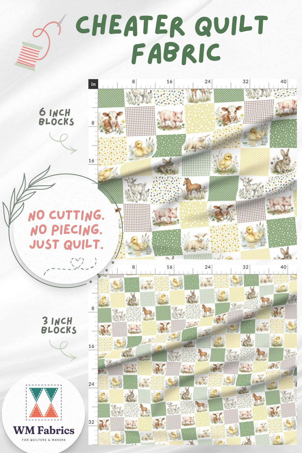 Farm animals cheater quilt fabric in 6 inch and 3 inch blocks – no cutting, no piecing, just quilt