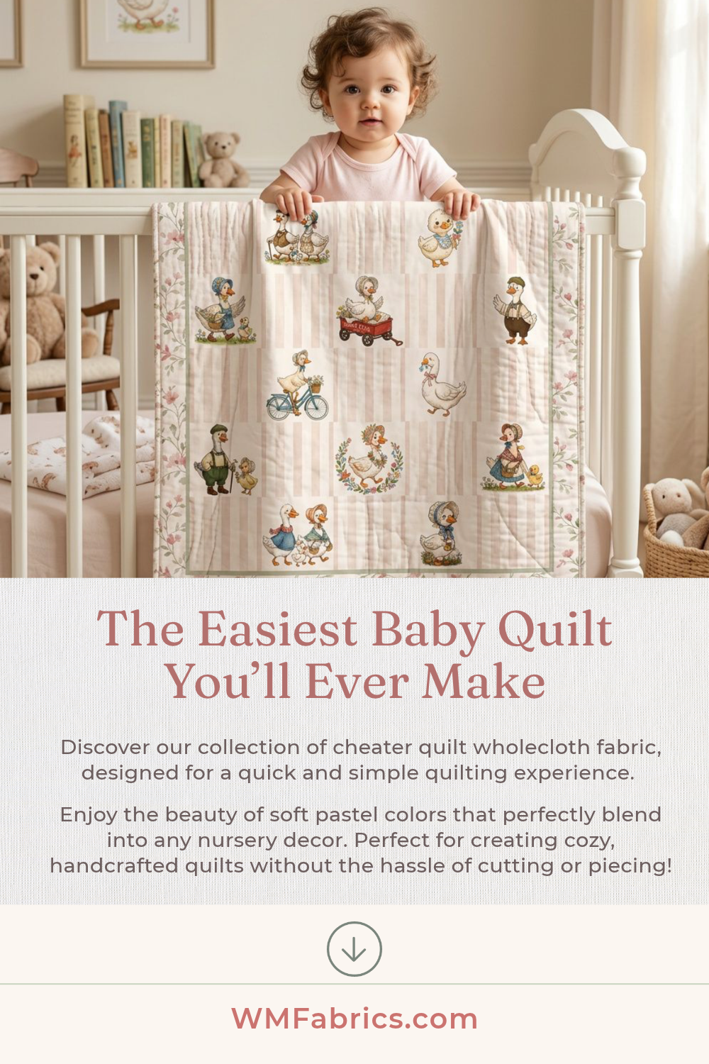 Baby standing in a crib with a finished Silly Goose no-piecing baby quilt – the easiest baby quilt you'll ever make