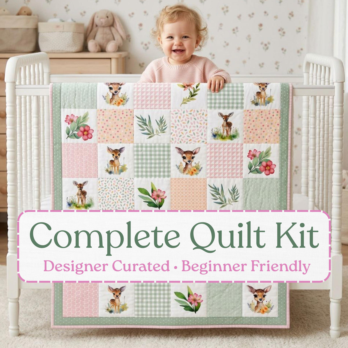 Meadow Fawn baby quilt kit – finished quilt with watercolor deer, florals and sage and blush patchwork, held by a smiling baby