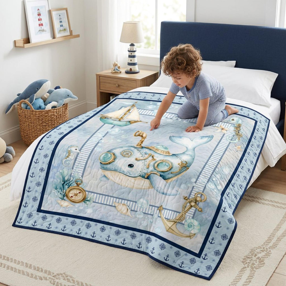 Child under a finished Whimsical Whale baby quilt in a coastal nursery