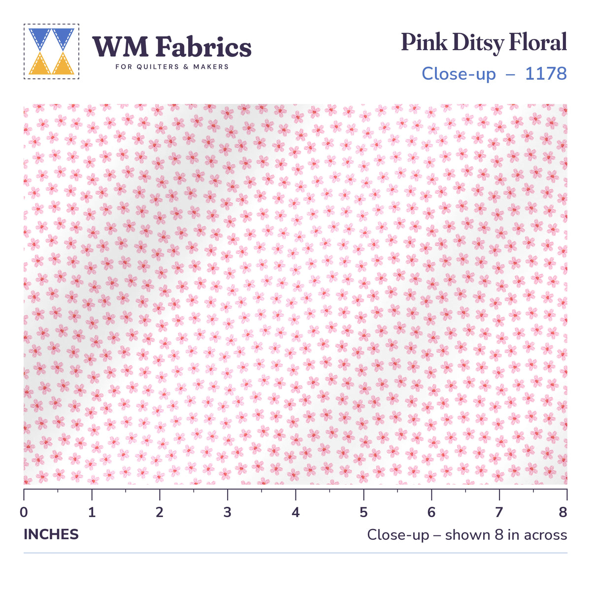8 inch close-up of Pink Ditsy Floral quilting cotton with a ruler showing the true size of the print