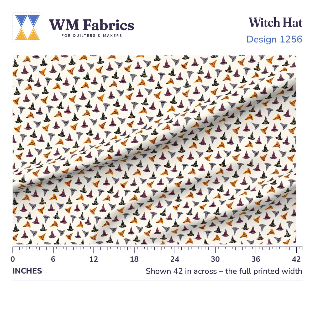 Halloween Witch Hat fabric shown 42 inches across with a ruler for true print scale