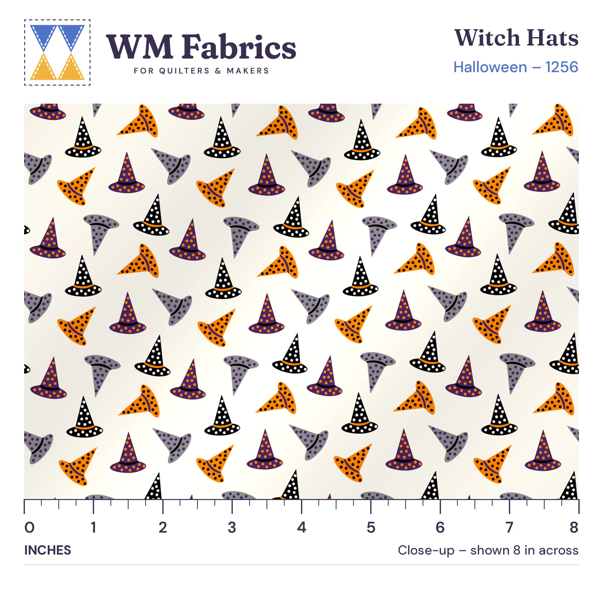 8 inch close-up of Halloween Witch Hat quilting cotton with an inch ruler showing the true size of the print