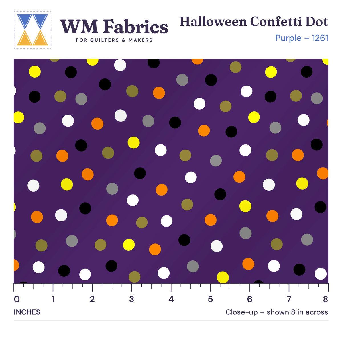 8 inch close-up of Purple Halloween Confetti Dot quilting cotton with an inch ruler showing the true size of the print