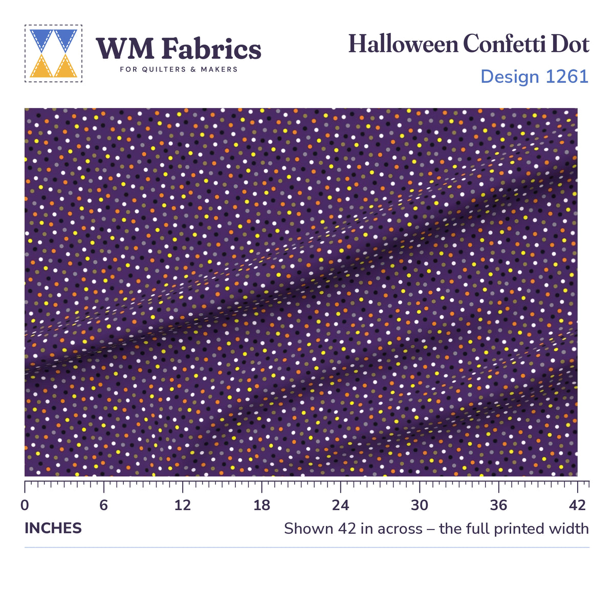 Purple Halloween Confetti fabric shown 42 inches across with a ruler for true print scale