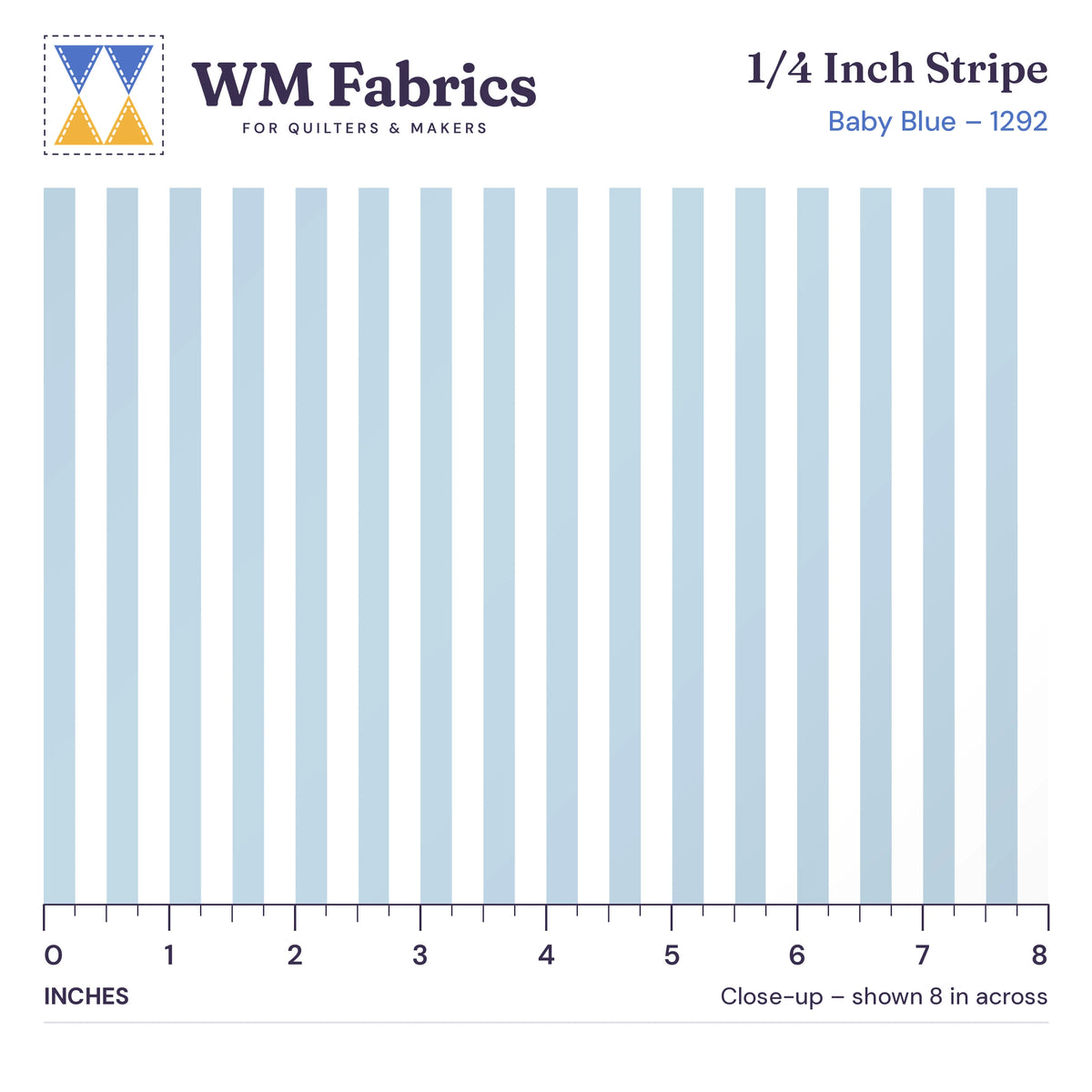 8 inch close-up of Baby Blue 1/4 inch stripe quilting cotton with an inch ruler showing the stripe width