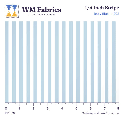 8 inch close-up of Baby Blue 1/4 inch stripe quilting cotton with an inch ruler showing the stripe width