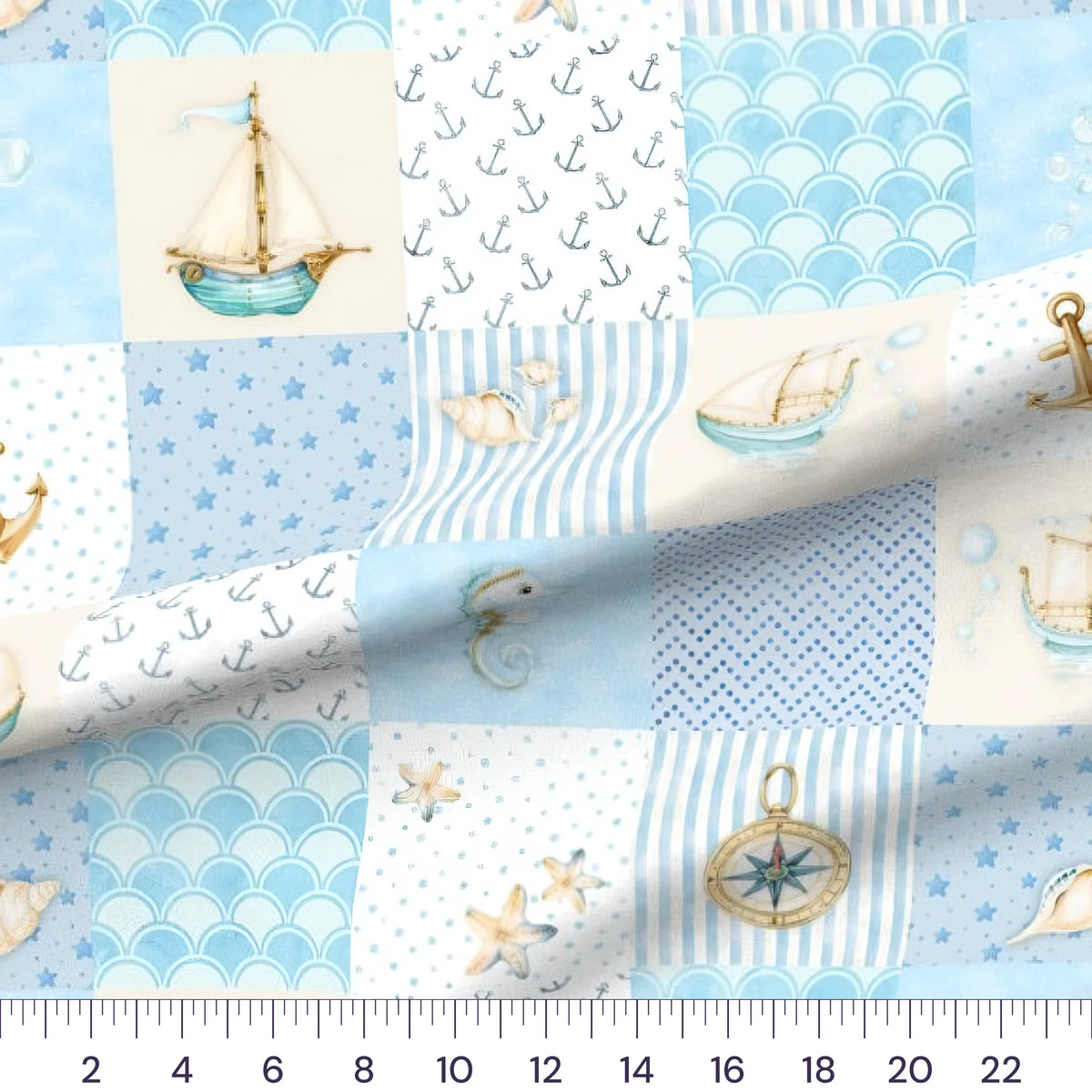 Nautical 6 inch block cheater quilt fabric – draped close-up with a ruler showing true print scale