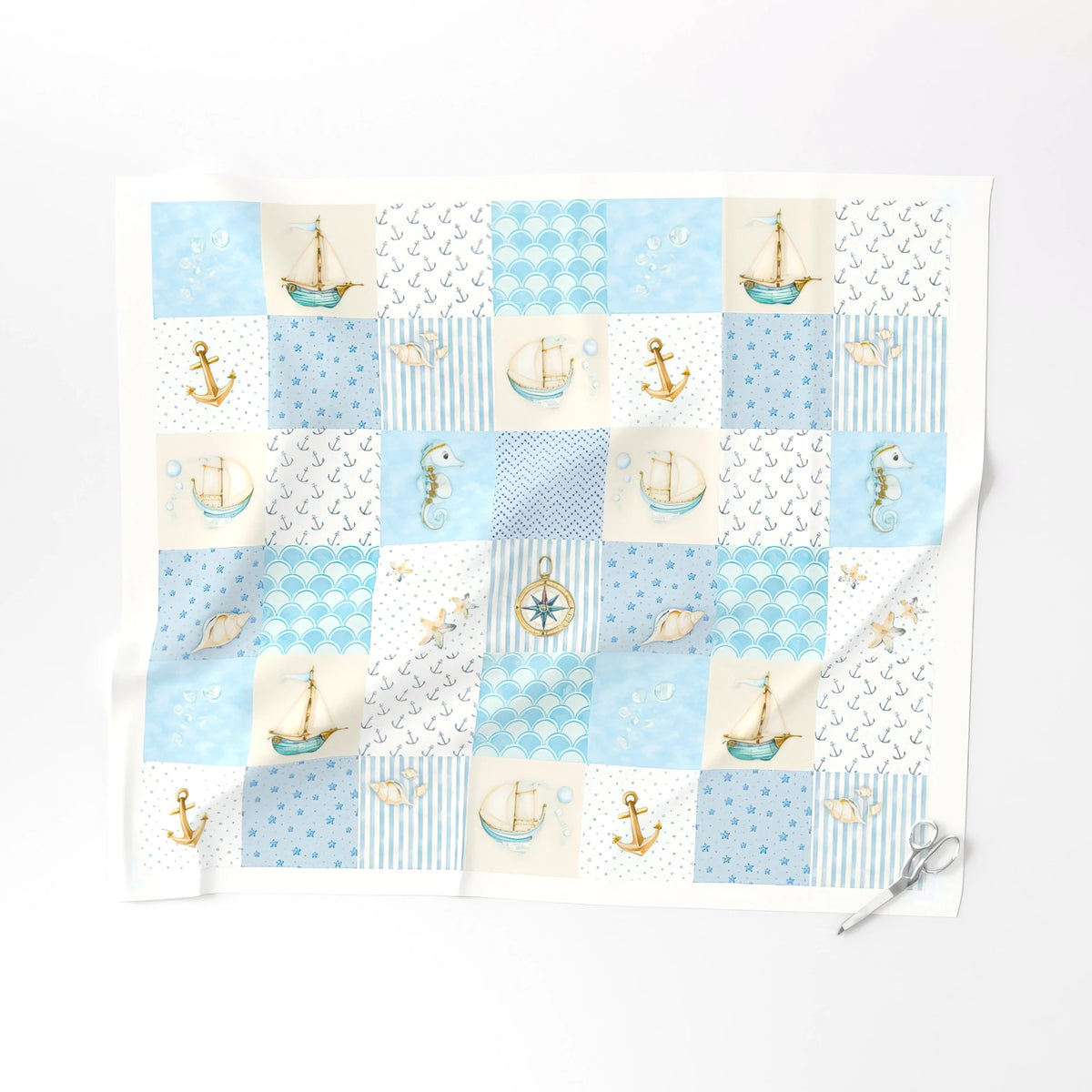 Nautical 6 inch block cheater quilt fabric laid flat – a no-piecing faux patchwork quilt top