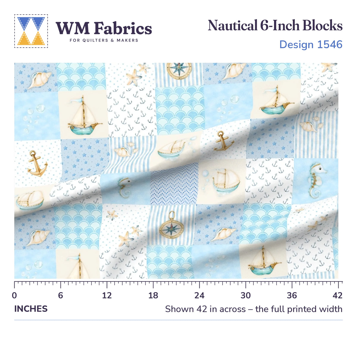 Nautical 6 inch block fabric shown 42 inches across with a ruler for true print scale