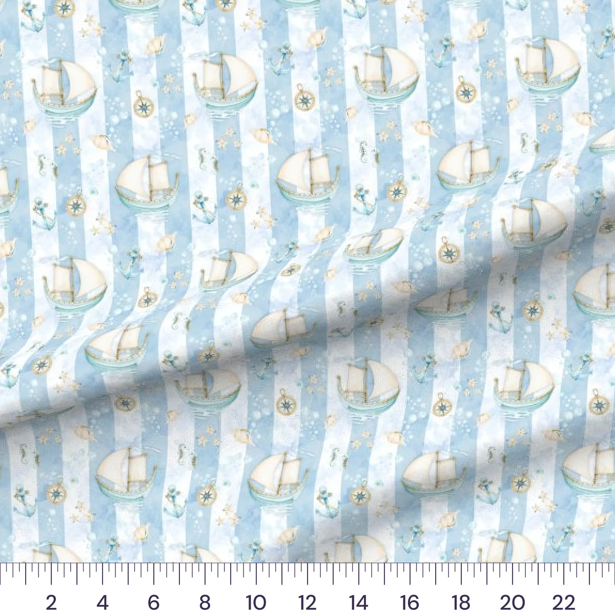 Ships Stripe quilting cotton fabric – draped close-up with a ruler showing true print scale