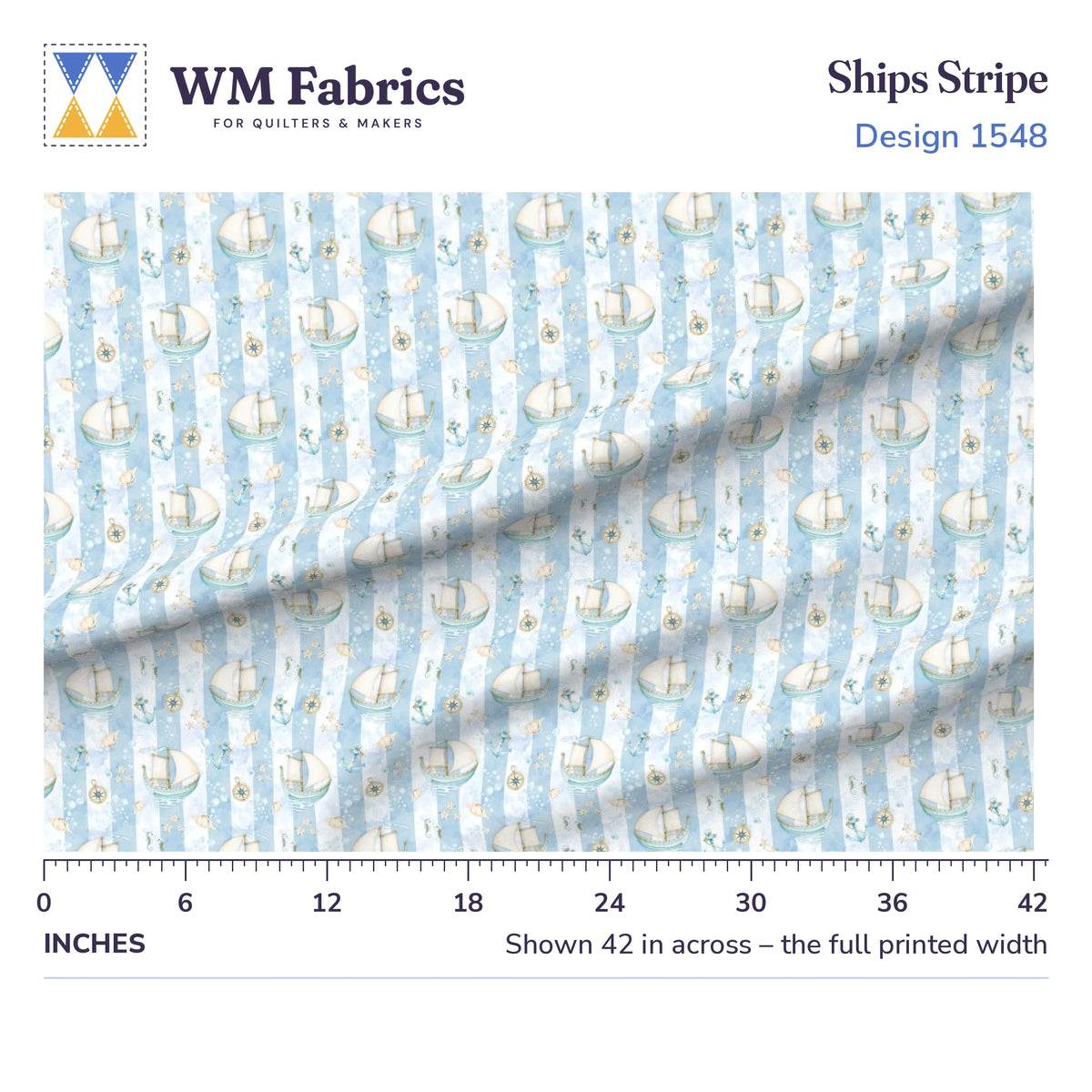 Ships Stripe fabric shown 42 inches across with a ruler for true print scale