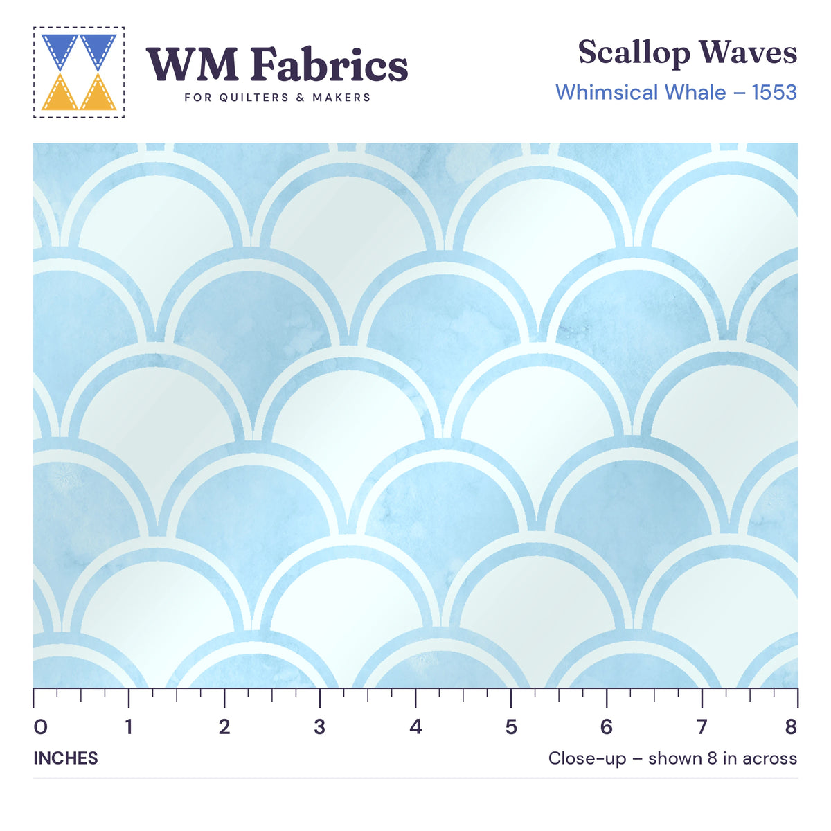 8 inch close-up of Scallop Waves quilting cotton with an inch ruler showing the true size of the print