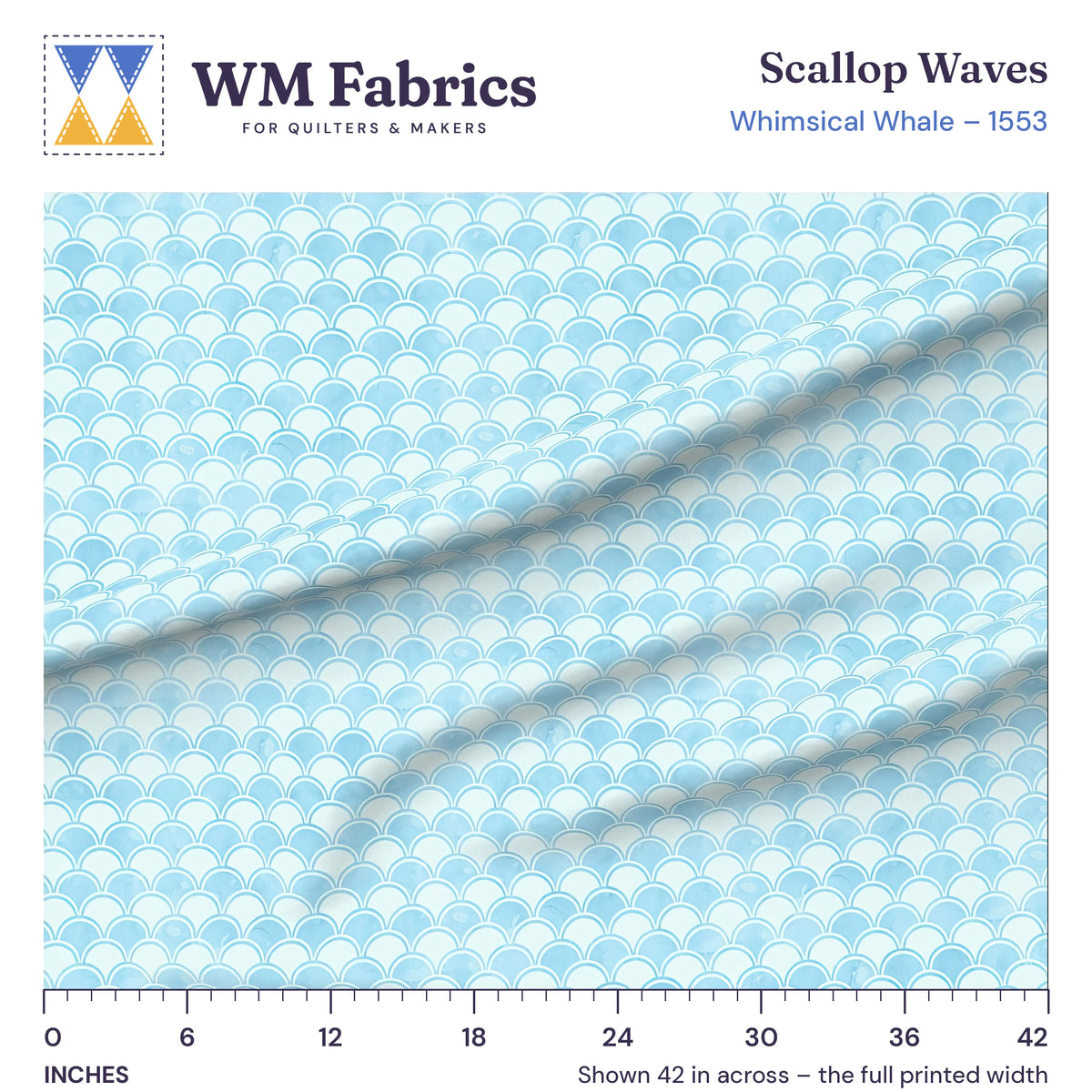 Scallop Waves fabric shown 42 inches across with a ruler for true print scale