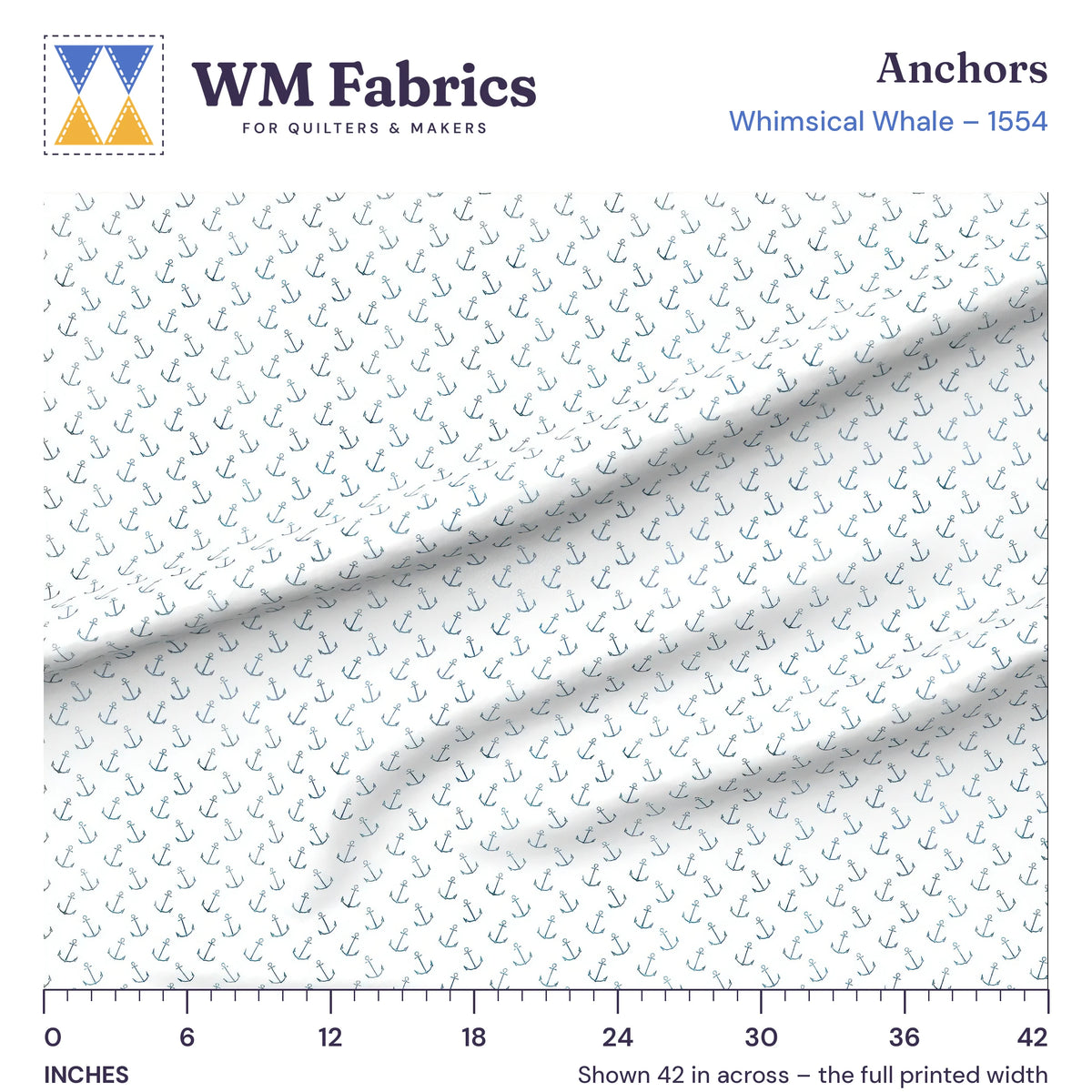Anchors fabric shown 42 inches across with a ruler for true print scale