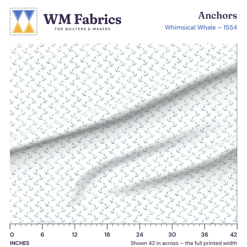 Anchors fabric shown 42 inches across with a ruler for true print scale