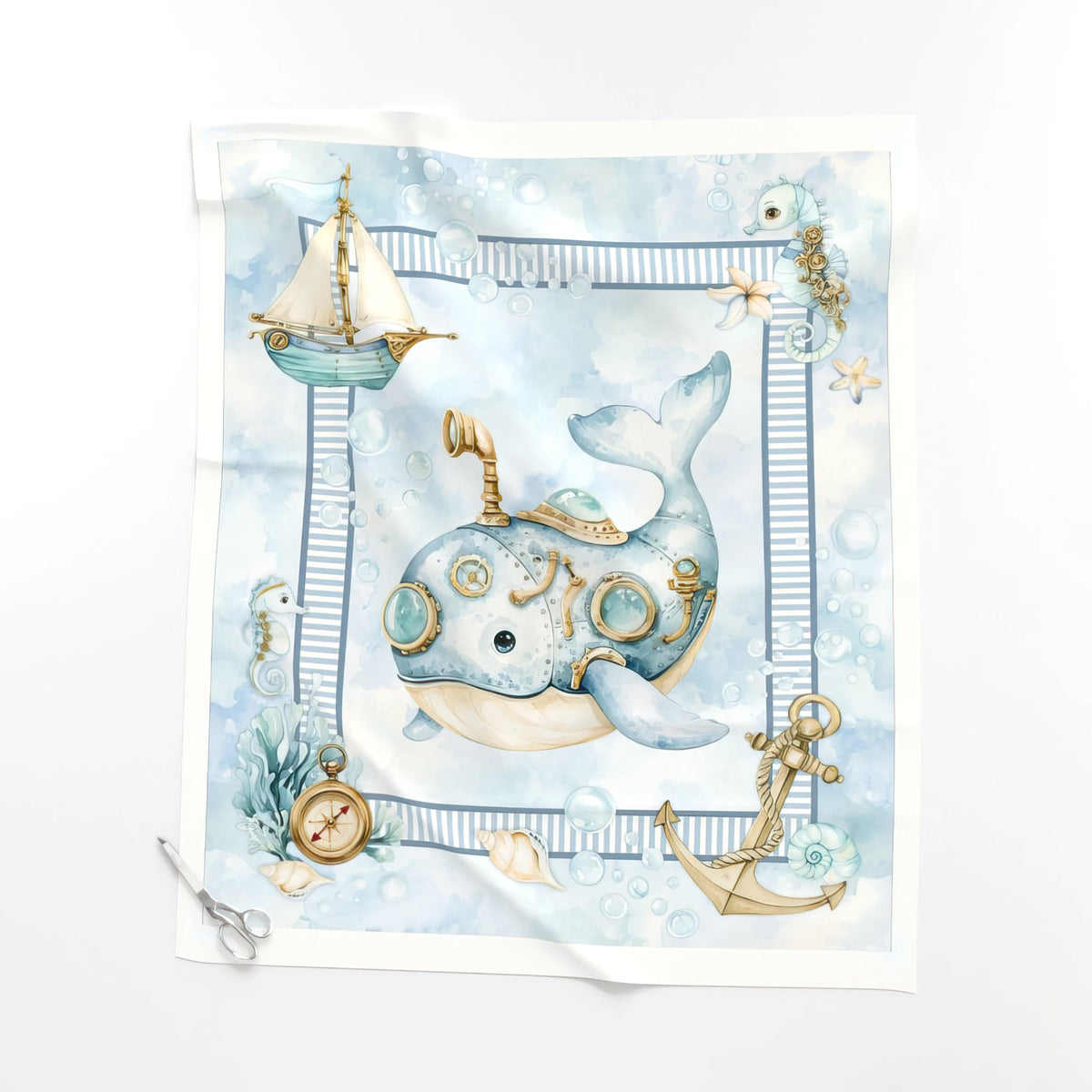 Whimsical Whale baby quilt panel laid flat – a 36 x 42 inch no-piecing quilt top