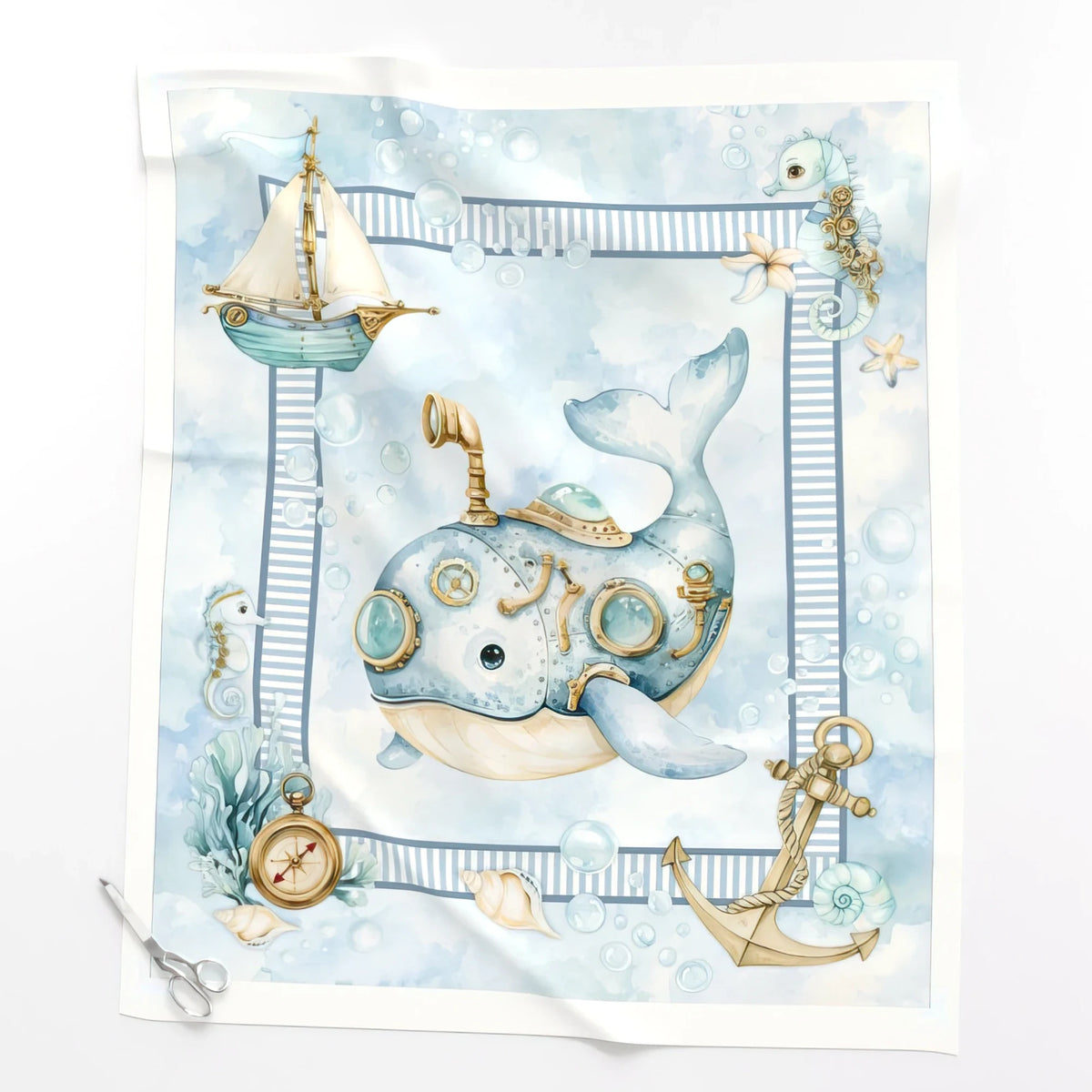 Whimsical Whale nautical baby quilt panel laid flat – full 36 x 42 in panel