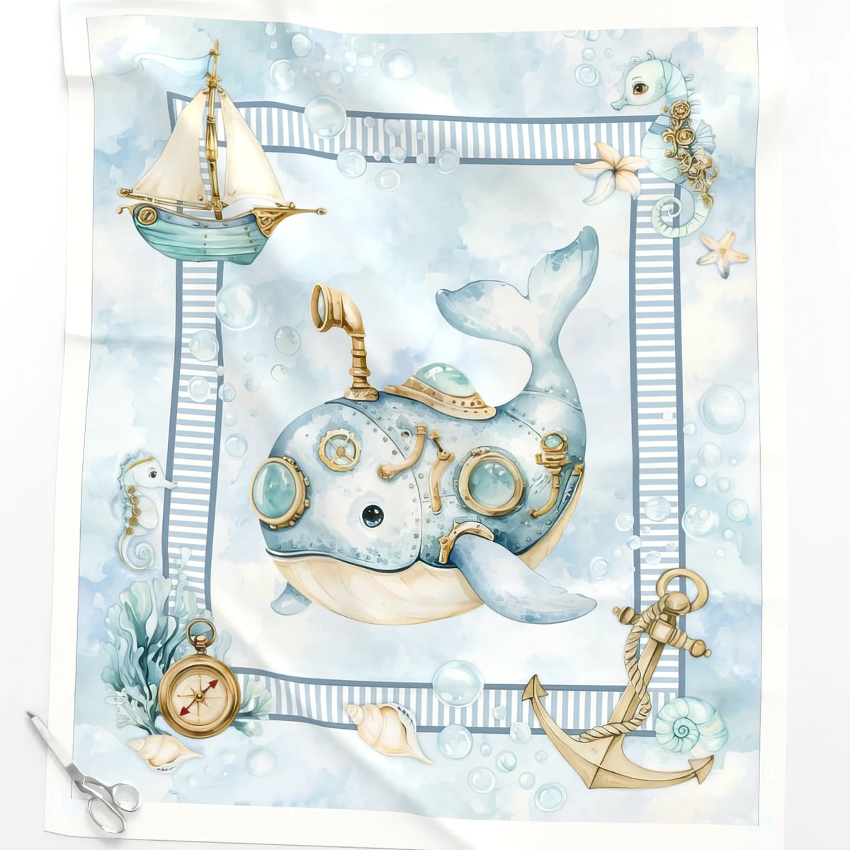 Whimsical Whale nautical baby quilt panel close-up – no-piecing cheater quilt top