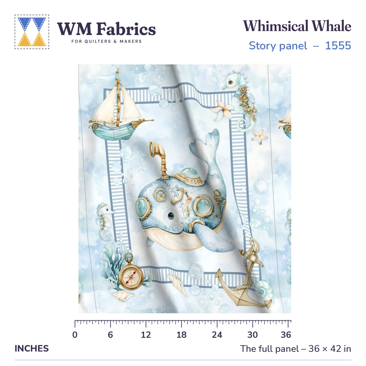 Whimsical Whale baby quilt panel shown full size, 36 x 42 inches, with a ruler for true scale