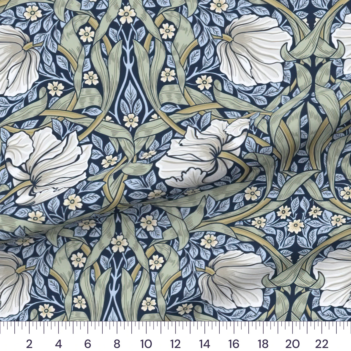 Pimpernel Deep Blue Large quilting cotton fabric – draped close-up with a ruler showing true print scale