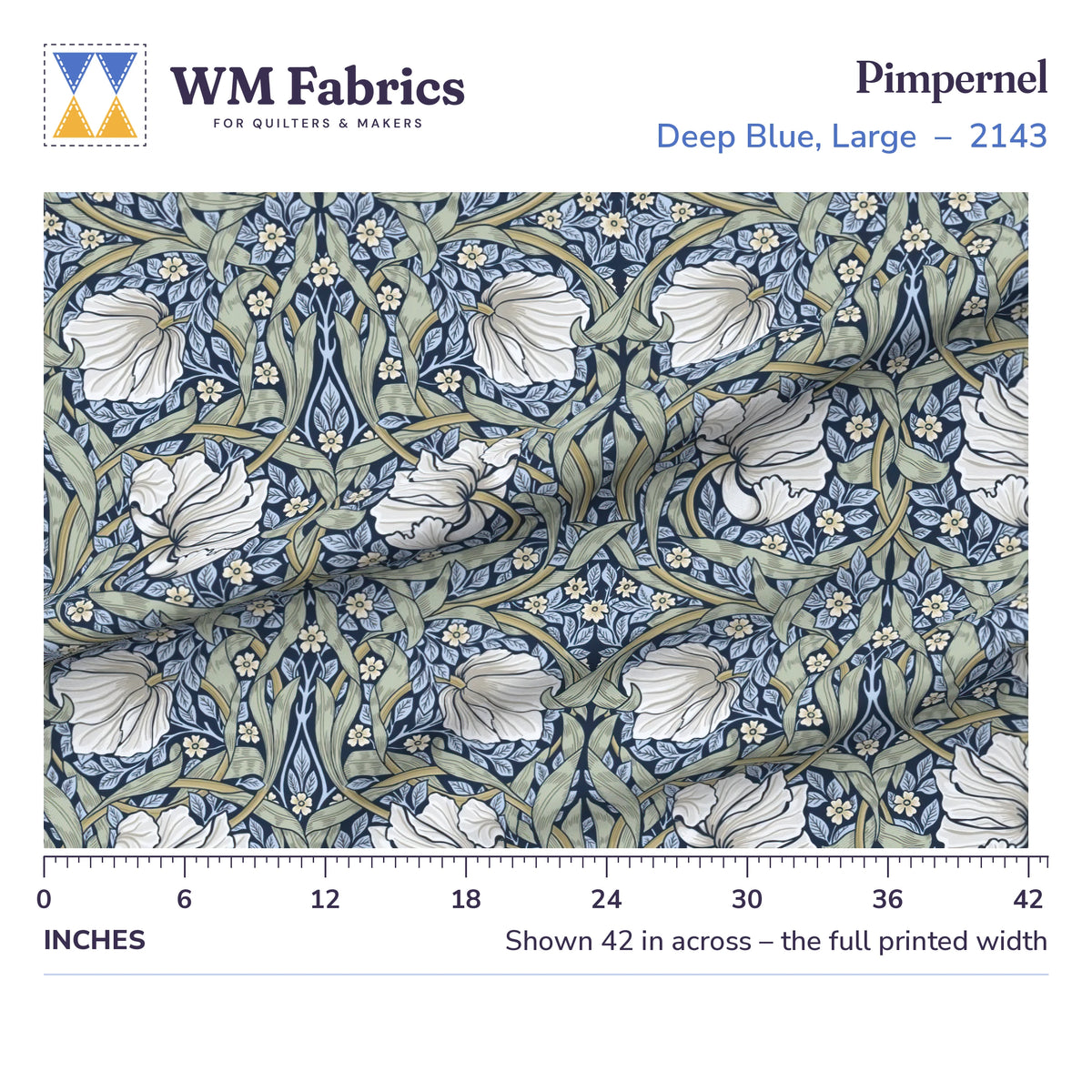 Pimpernel Deep Blue Large fabric shown 42 inches across with a ruler for true print scale