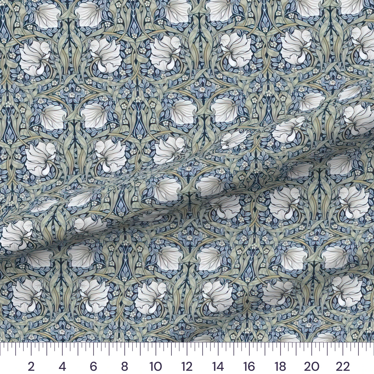 Pimpernel Deep Blue Medium quilting cotton fabric – draped close-up with a ruler showing true print scale