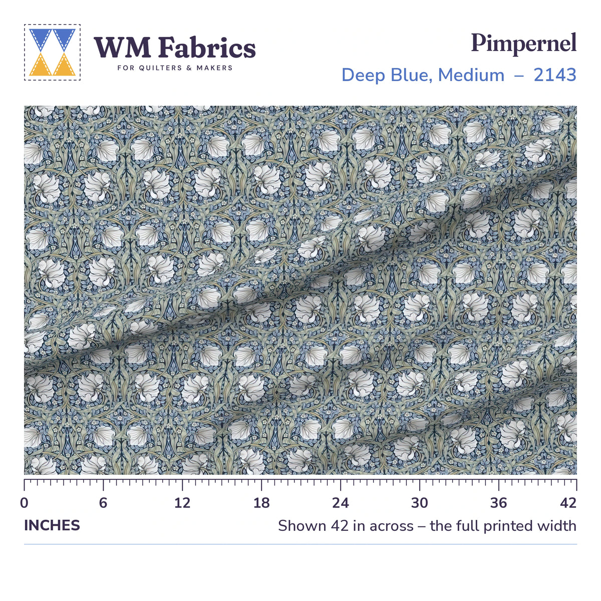 Pimpernel Deep Blue Medium fabric shown 42 inches across with a ruler for true print scale