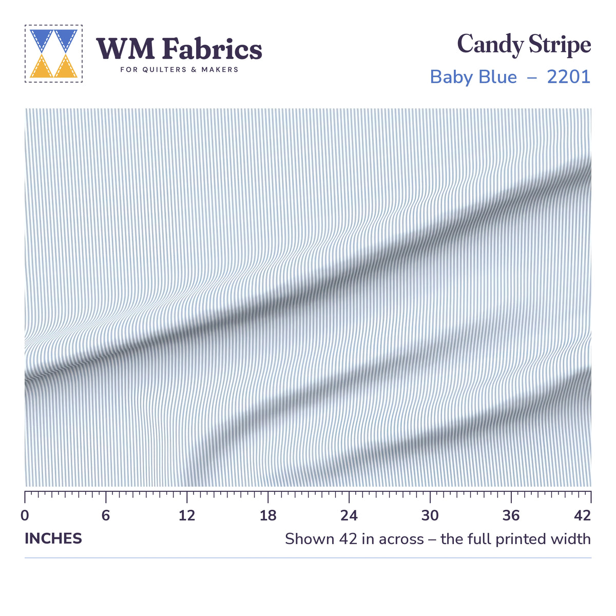 Candy Stripe Baby Blue fabric shown 42 inches across with a ruler for true print scale