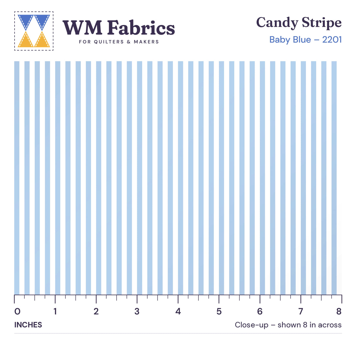 8 inch close-up of Baby Blue Candy Stripe quilting cotton with an inch ruler showing the true size of the print
