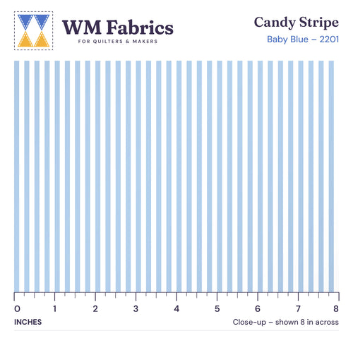8 inch close-up of Baby Blue Candy Stripe quilting cotton with an inch ruler showing the true size of the print