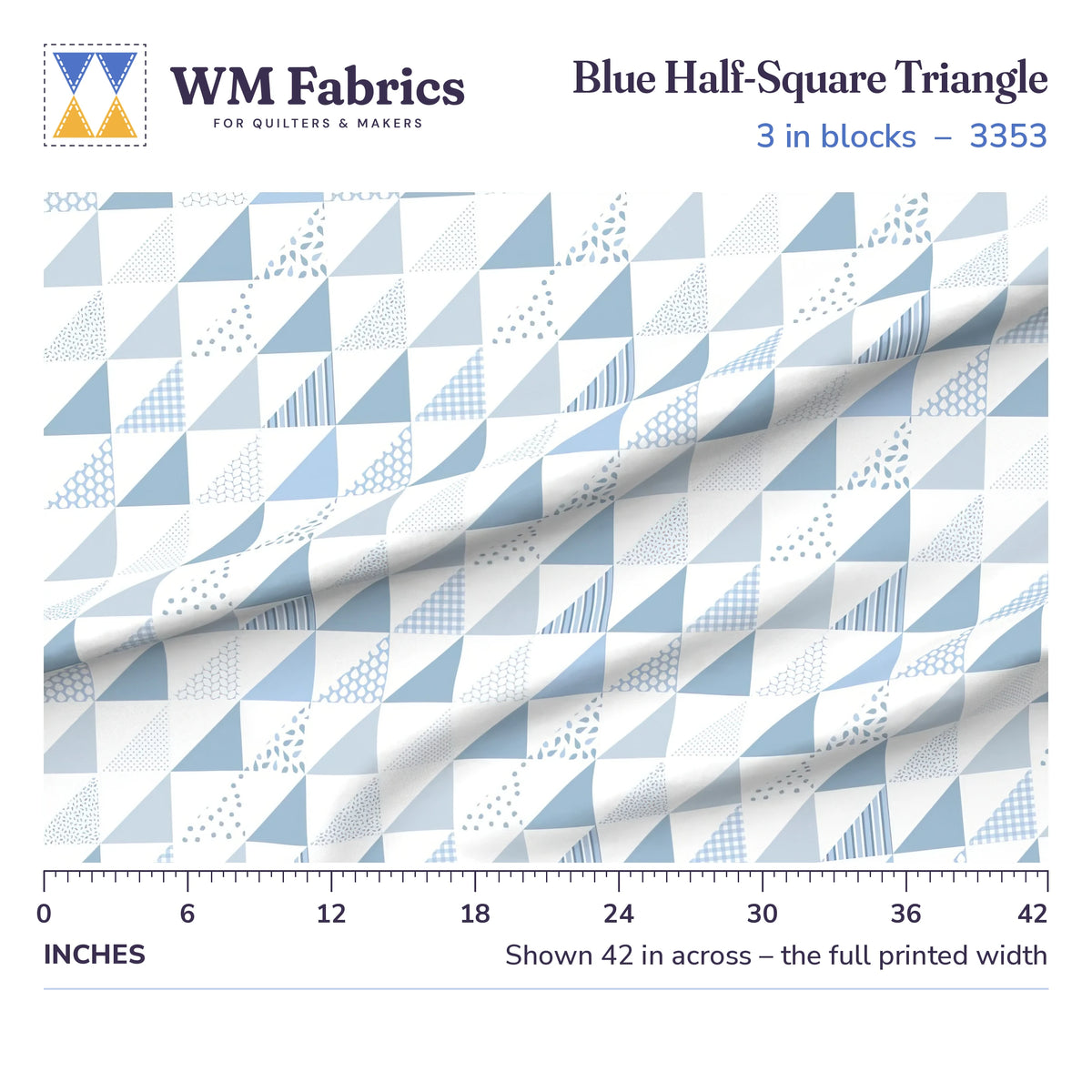 Blue Half Square Triangle fabric, 3 inch blocks shown 42 inches across with a ruler for true print scale