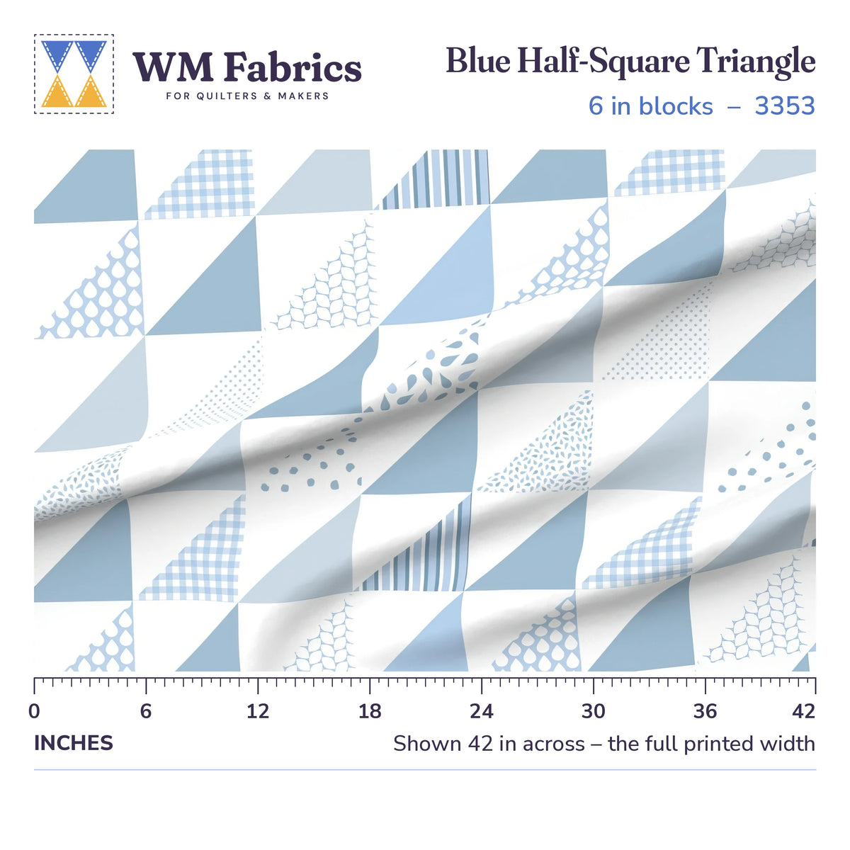 Blue Half Square Triangle fabric, 6 inch blocks shown 42 inches across with a ruler for true print scale
