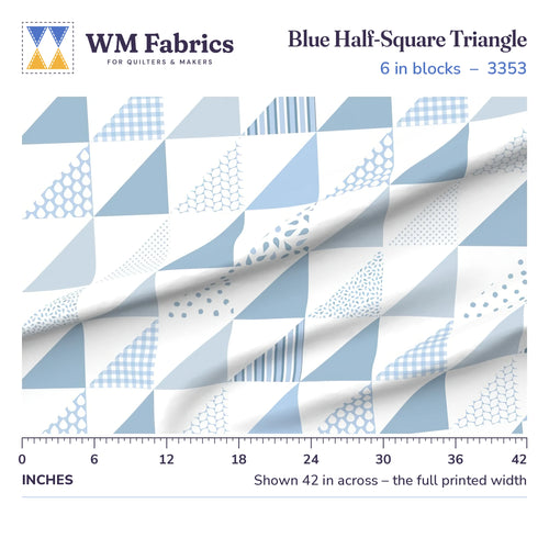 Blue Half Square Triangle fabric, 6 inch blocks shown 42 inches across with a ruler for true print scale