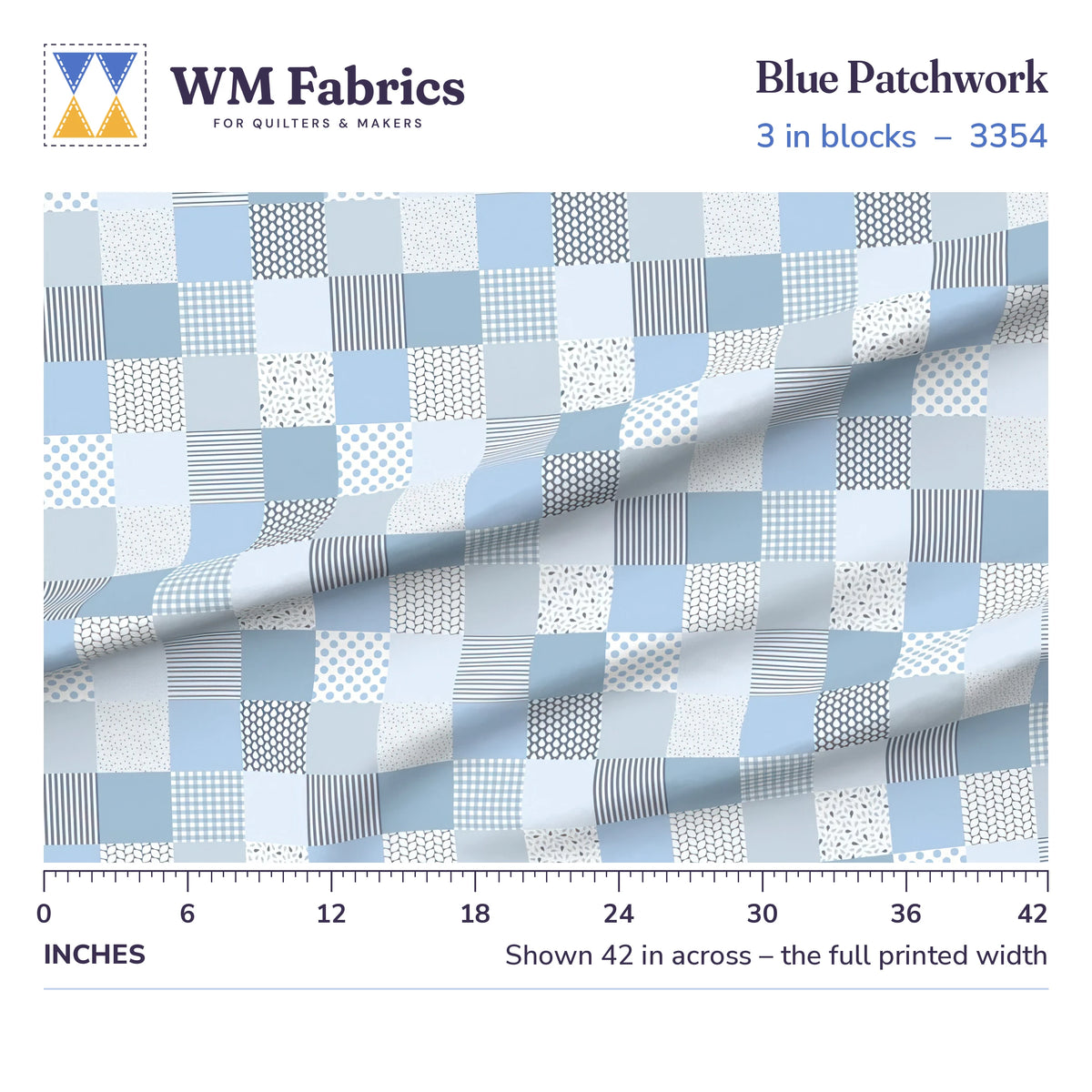 Blue Patchwork fabric, 3 inch blocks shown 42 inches across with a ruler for true print scale