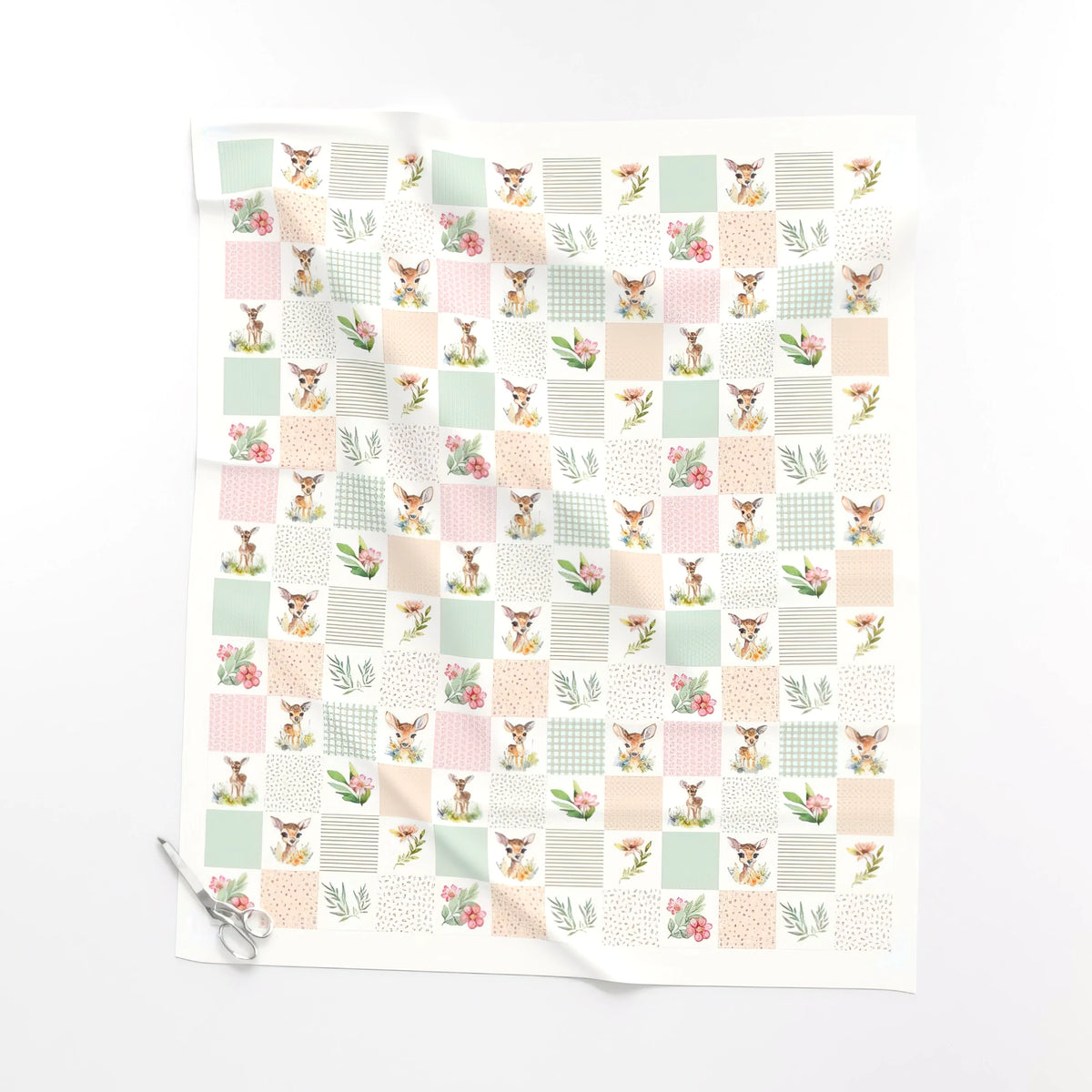 Meadow Fawn cheater quilt fabric, 3 inch blocks laid flat – a no-piecing faux patchwork quilt top
