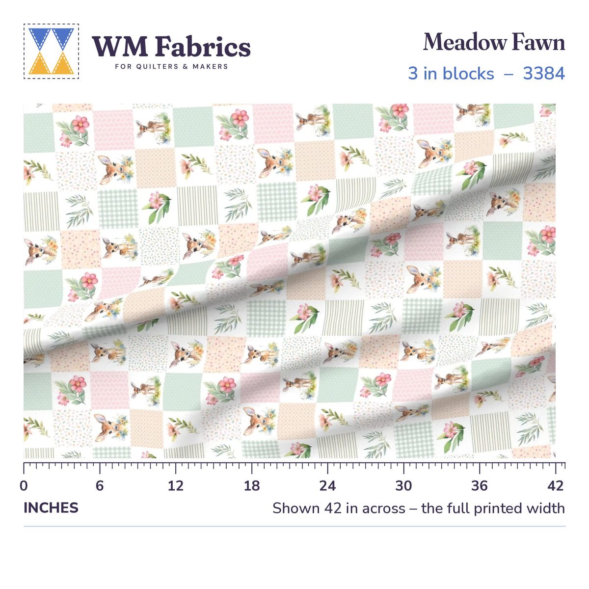 Meadow Fawn fabric, 3 inch blocks shown 42 inches across with a ruler for true print scale