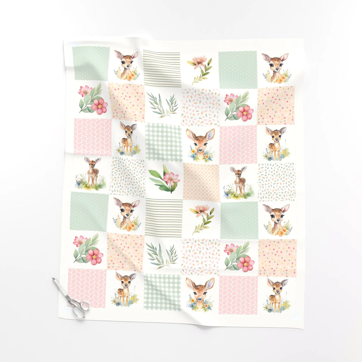 Meadow Fawn cheater quilt fabric, 6 inch blocks laid flat – a no-piecing faux patchwork quilt top