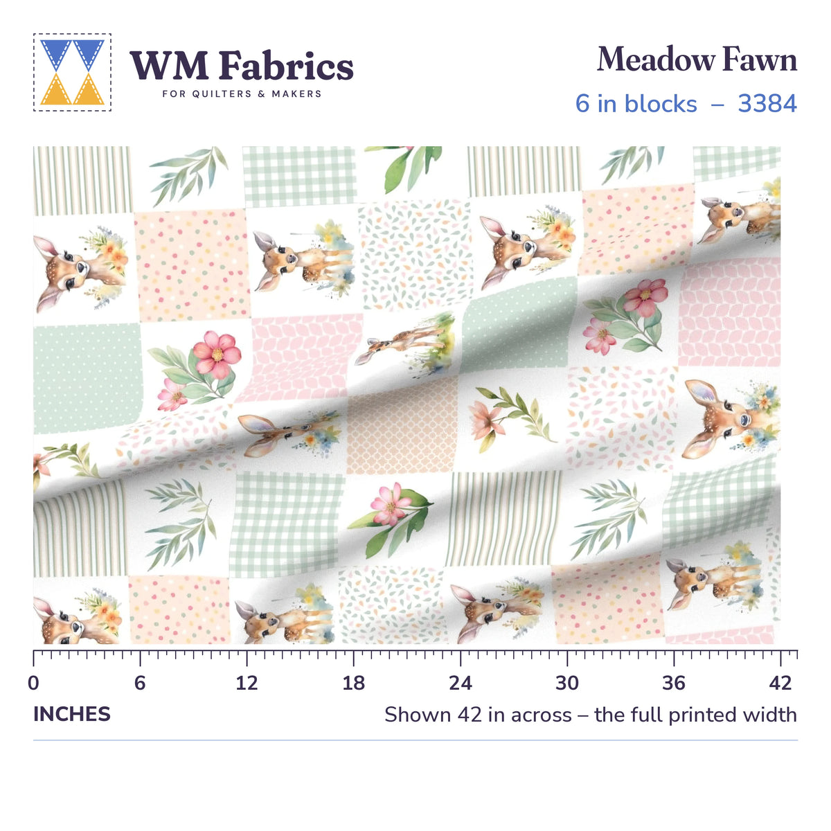 Meadow Fawn fabric, 6 inch blocks shown 42 inches across with a ruler for true print scale
