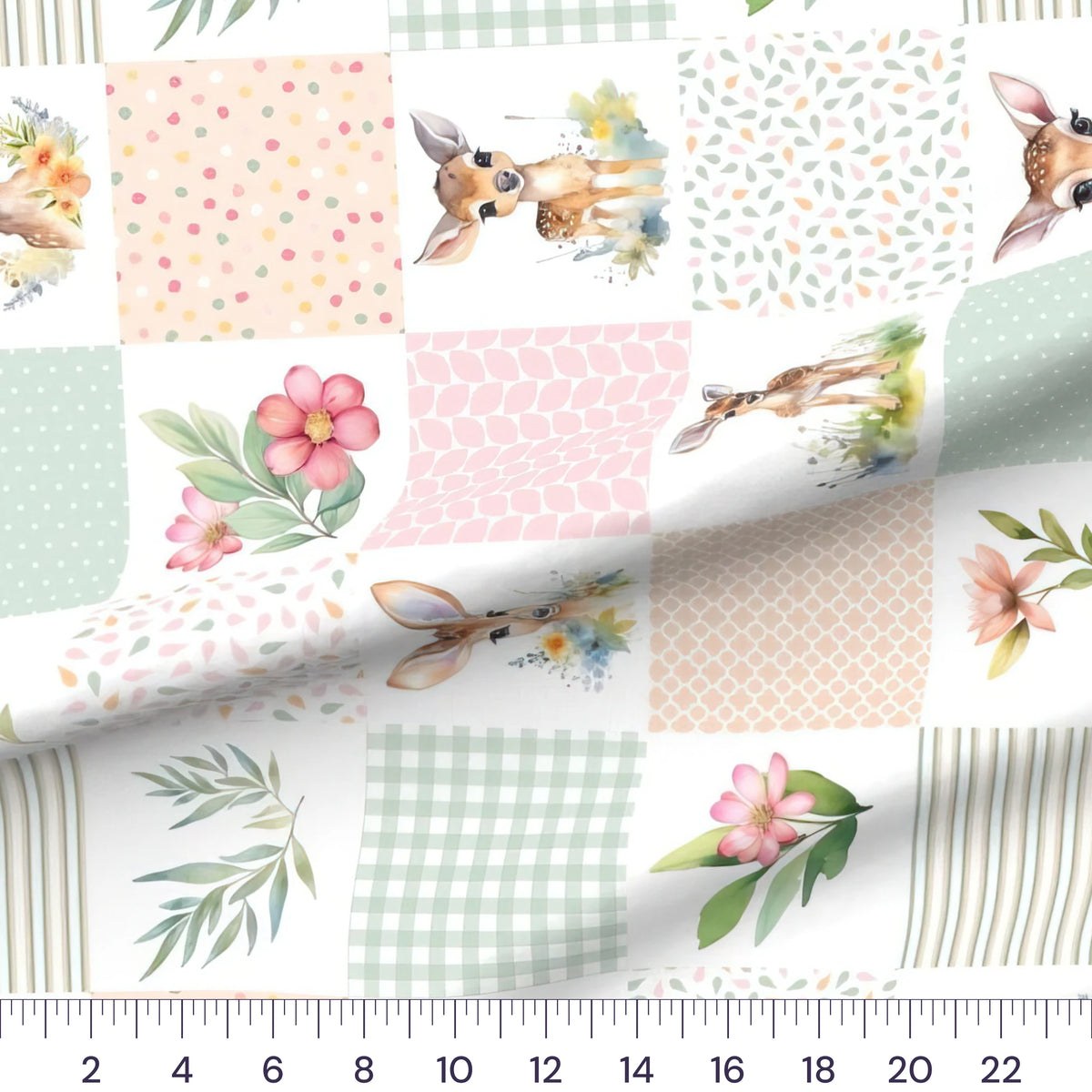 Meadow Fawn baby cheater quilt fabric by the yard with 6 inch blocks, draped quilting cotton with a ruler showing true scale