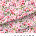 Watercolor Peony Blush quilting cotton fabric – draped close-up with a ruler showing true print scale