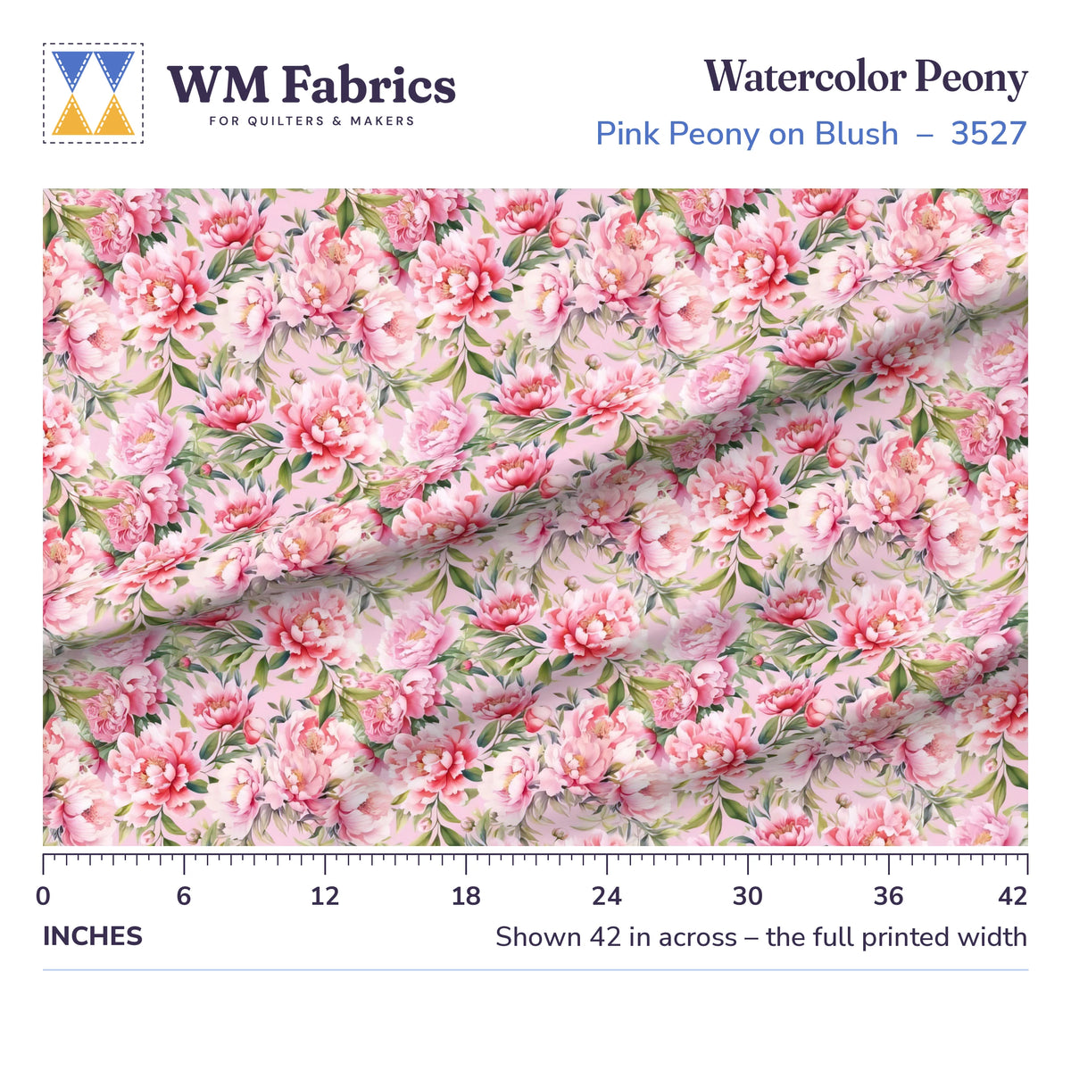 Watercolor Peony Blush fabric shown 42 inches across with a ruler for true print scale