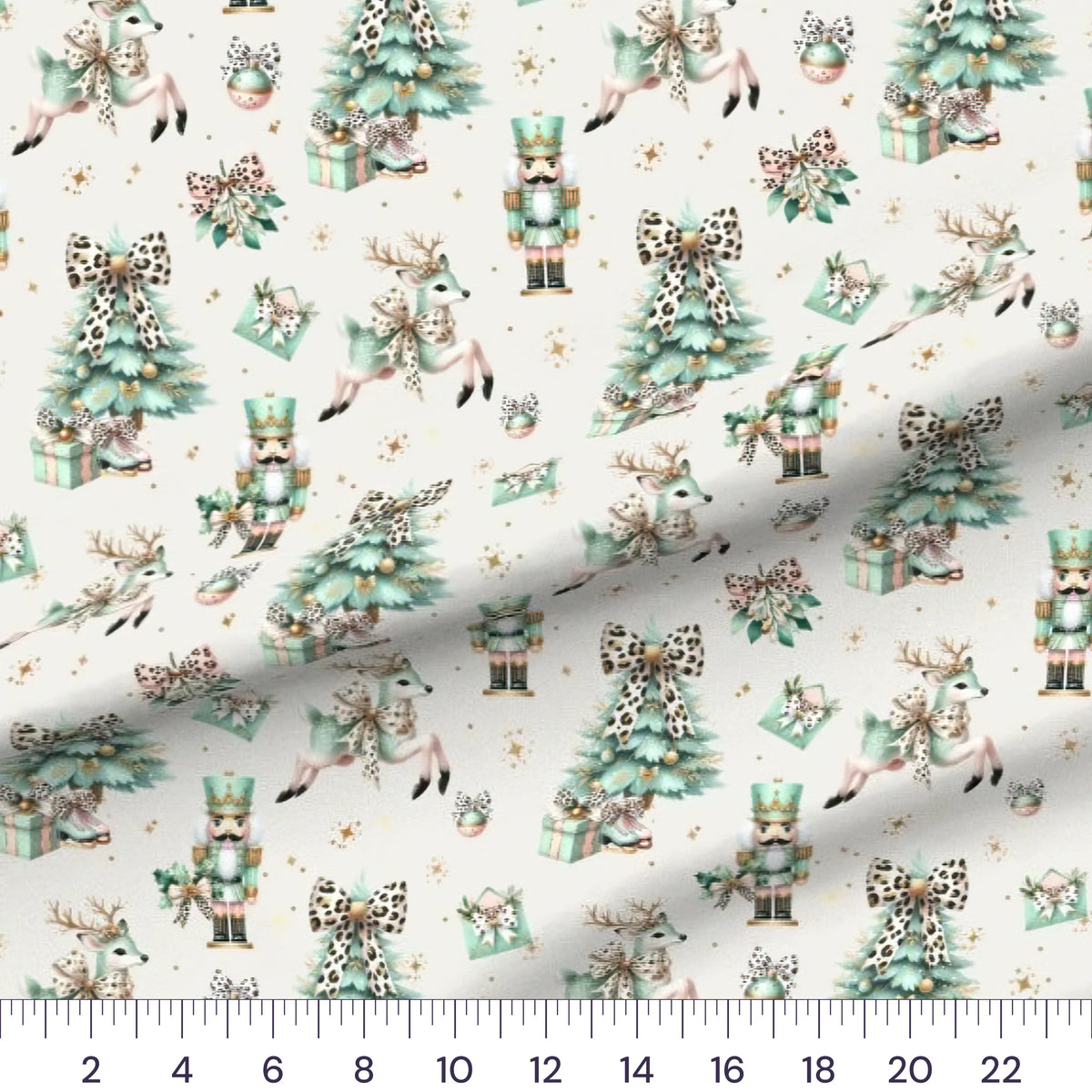 Coquette Christmas Mint quilting cotton fabric – draped close-up with a ruler showing true print scale