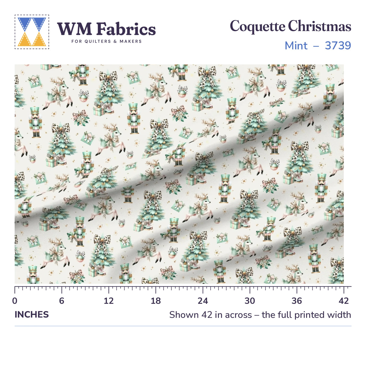 Coquette Christmas Mint fabric shown 42 inches across with a ruler for true print scale