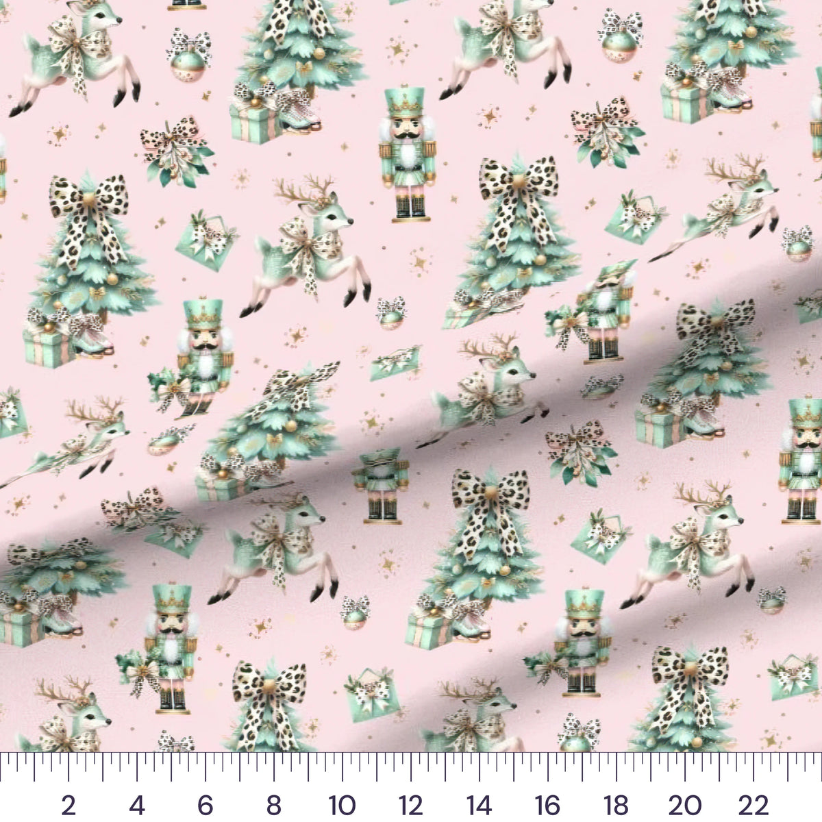 Coquette Christmas Pink & Mint quilting cotton fabric – draped close-up with a ruler showing true print scale
