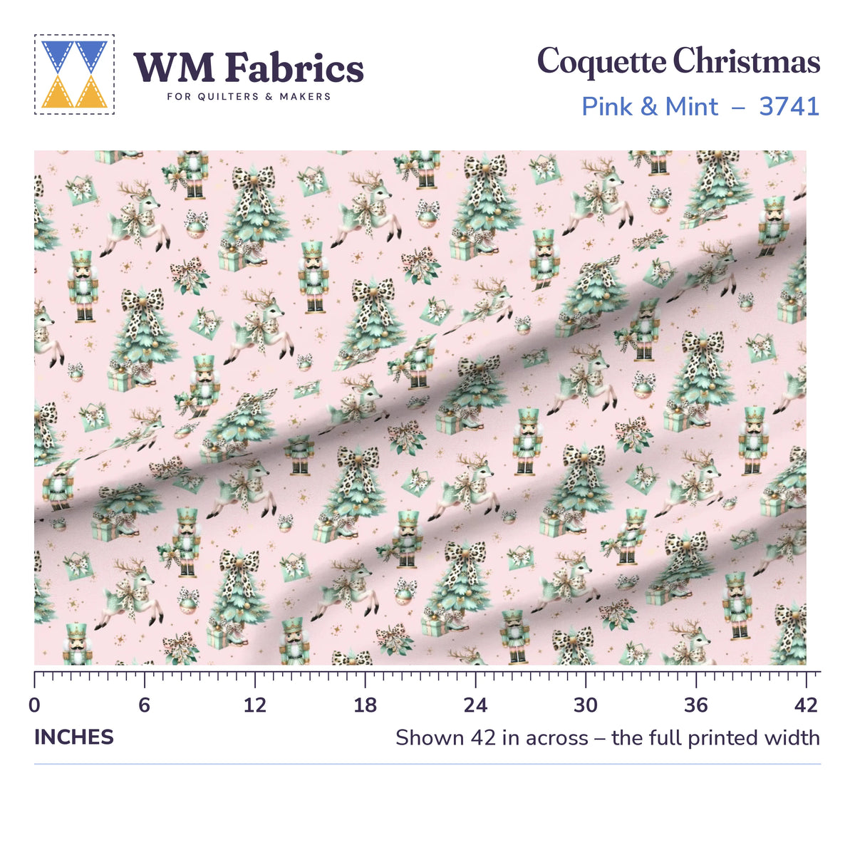 Coquette Christmas Pink & Mint fabric shown 42 inches across with a ruler for true print scale