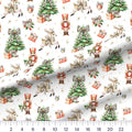 Coquette Christmas Red & Green quilting cotton fabric – draped close-up with a ruler showing true print scale
