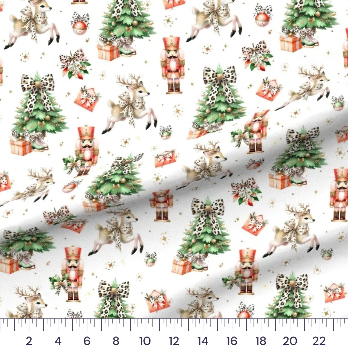 Coquette Christmas Red & Green quilting cotton fabric – draped close-up with a ruler showing true print scale