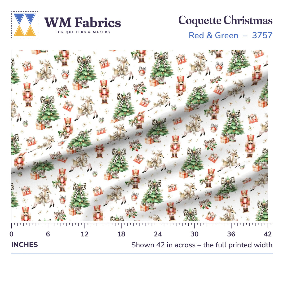 Coquette Christmas Red & Green fabric shown 42 inches across with a ruler for true print scale