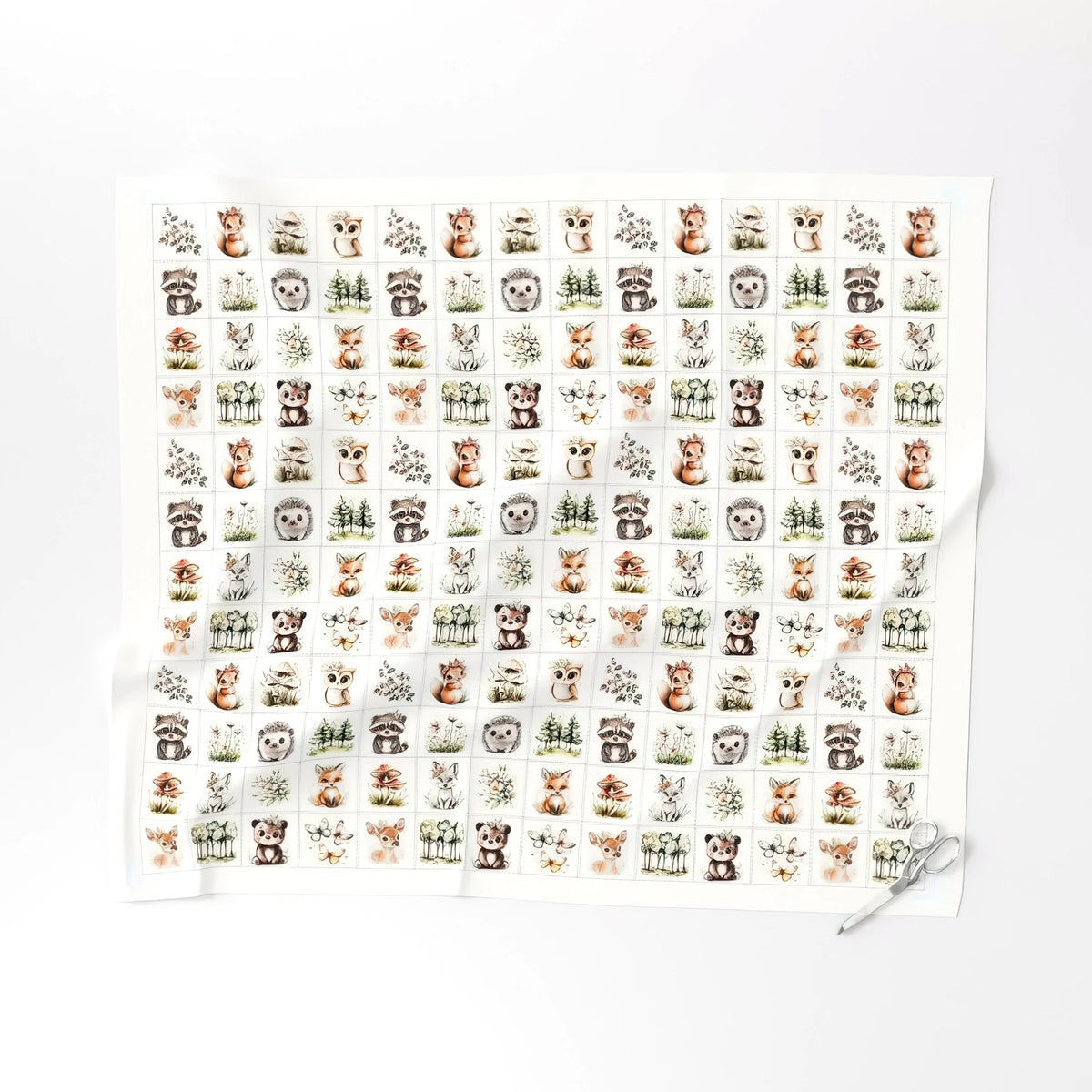 Woodland Animals cheater quilt fabric, 3 inch blocks laid flat – a no-piecing faux patchwork quilt top